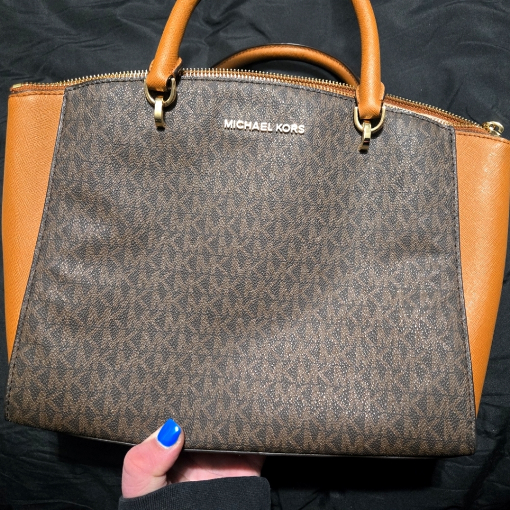 Michael Kors Brown and Tan Trapezoid Handbag with Monogram Pattern NWOT